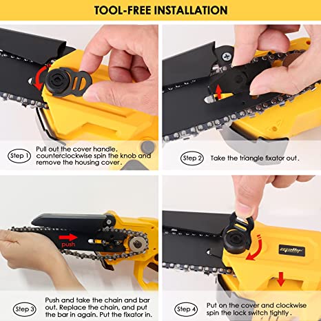 Test mini electric hand chainsaw with battery and safety 